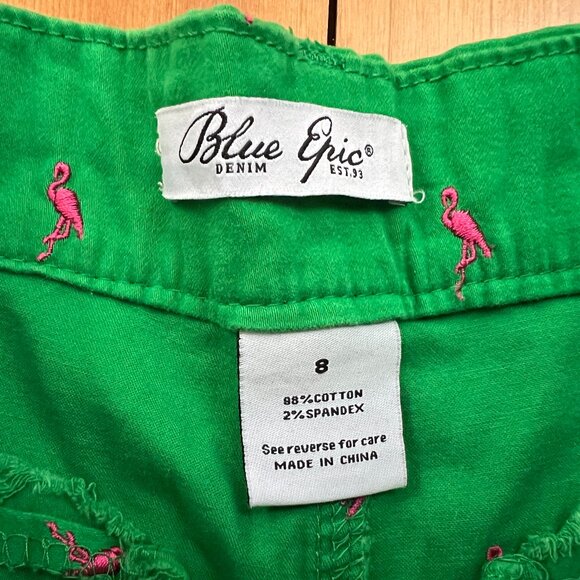 CLOSE OUT SALE: Blue Epic Denim Kelly Green Shorts Pink Flamingo - Size 8 - Picture 4 of 5